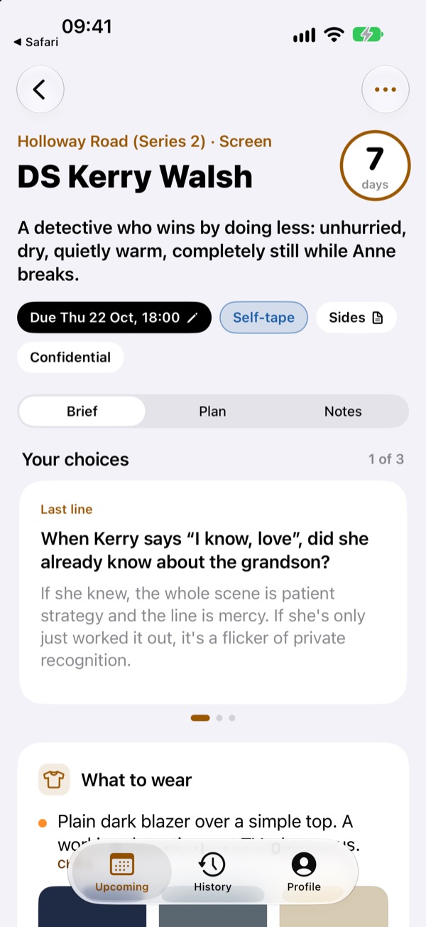The Half on a phone: the brief for DS Kerry Walsh, due in five days, with the choices to make and what to wear.