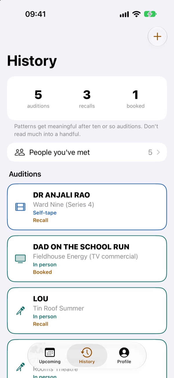 History: past auditions with outcomes, recalls and bookings