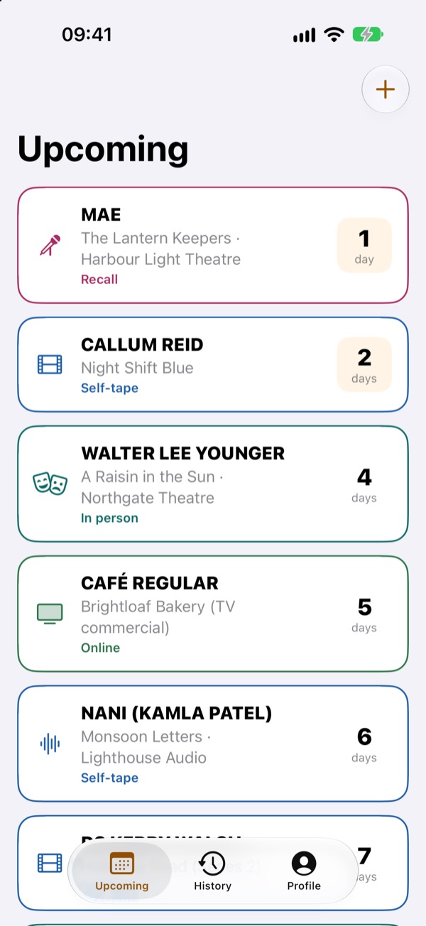 Upcoming: a musical recall, a screen self-tape, a stage audition, an online commercial call and a voice self-tape, each with days to go